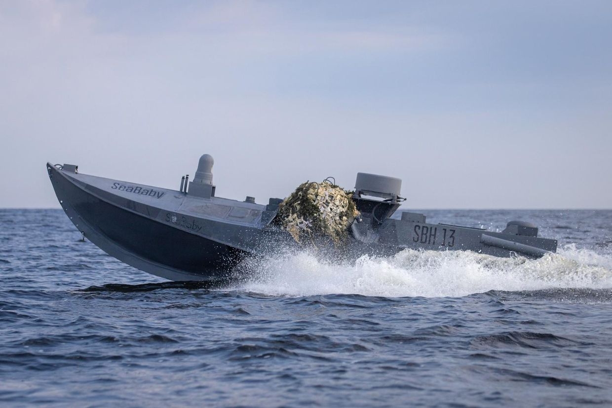 A Ukrainian Sea Baby naval drone at an undisclosed location at an unspecified time. (United24)