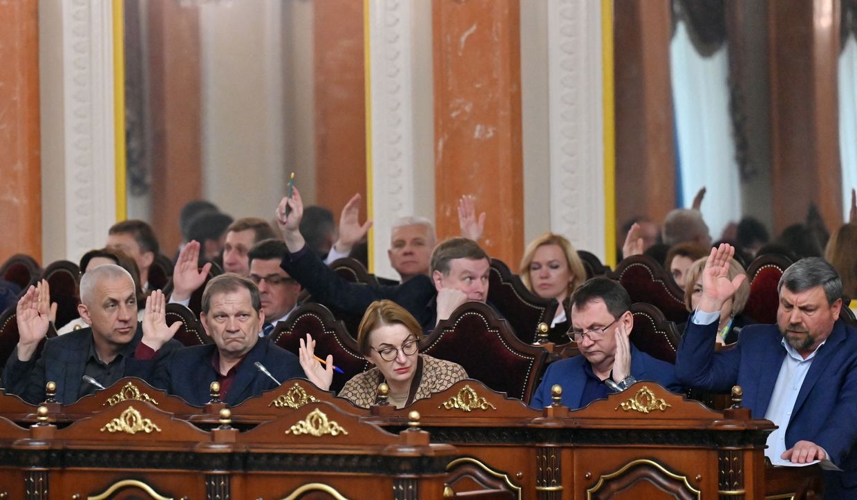 Judges of the Supreme Court of Ukraine vote to remove the court's head, Vsevolod Kniaziev, during a session in Kyiv, Ukraine, on May 16, 2023