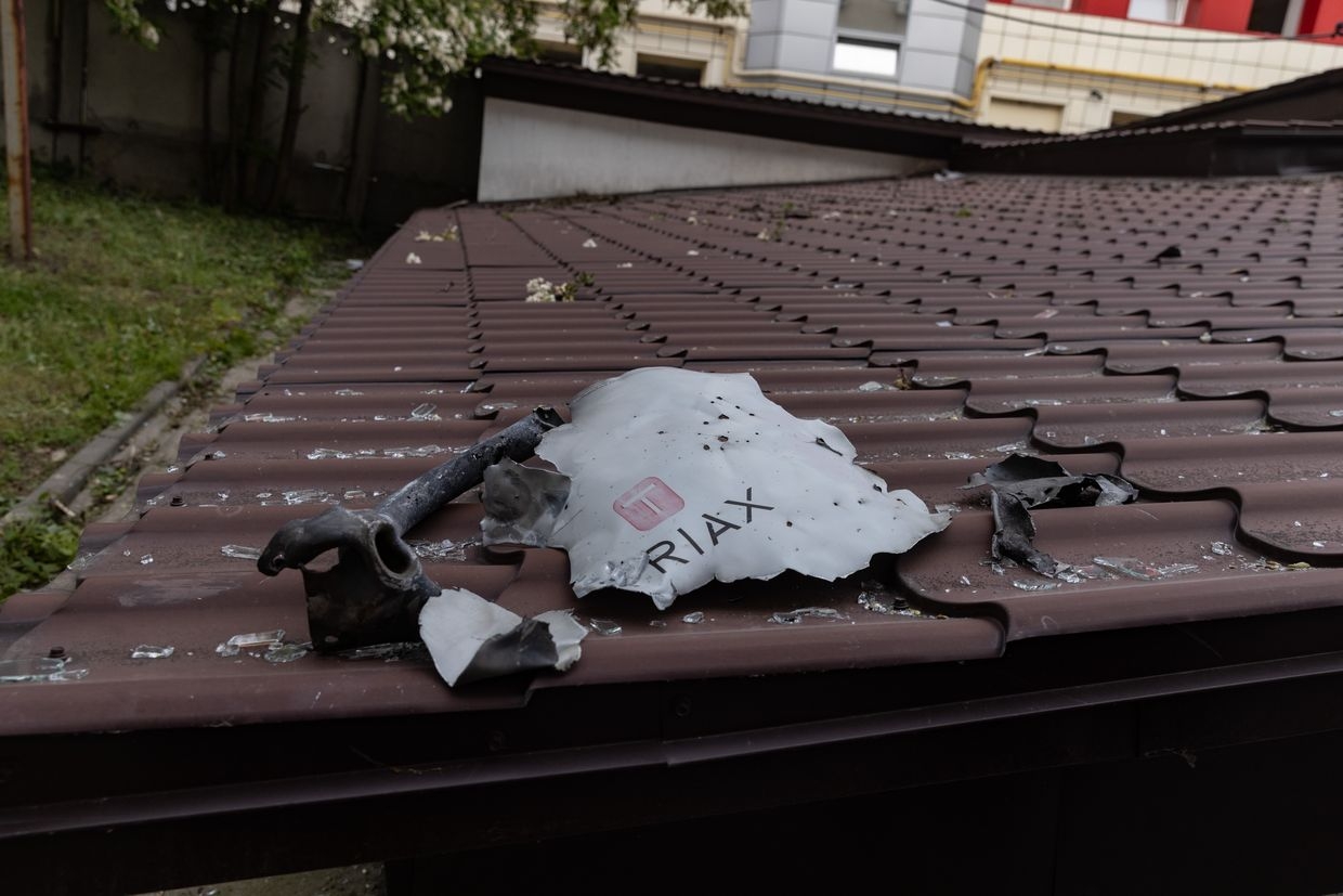 A fragment of a UMPB D-30 glide bomb lies at the site of a Russian airstrike on a residential building in Kharkiv, Ukraine, on May 14, 2024.