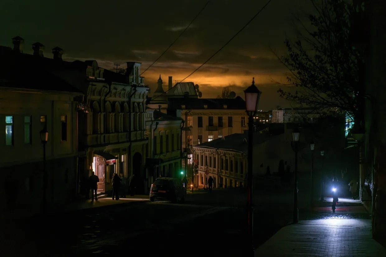 Podil, a historic district of Kyiv, during a blackout after Russian strikes on power infrastructure in Kyiv, Ukraine, on Nov. 11, 2022.