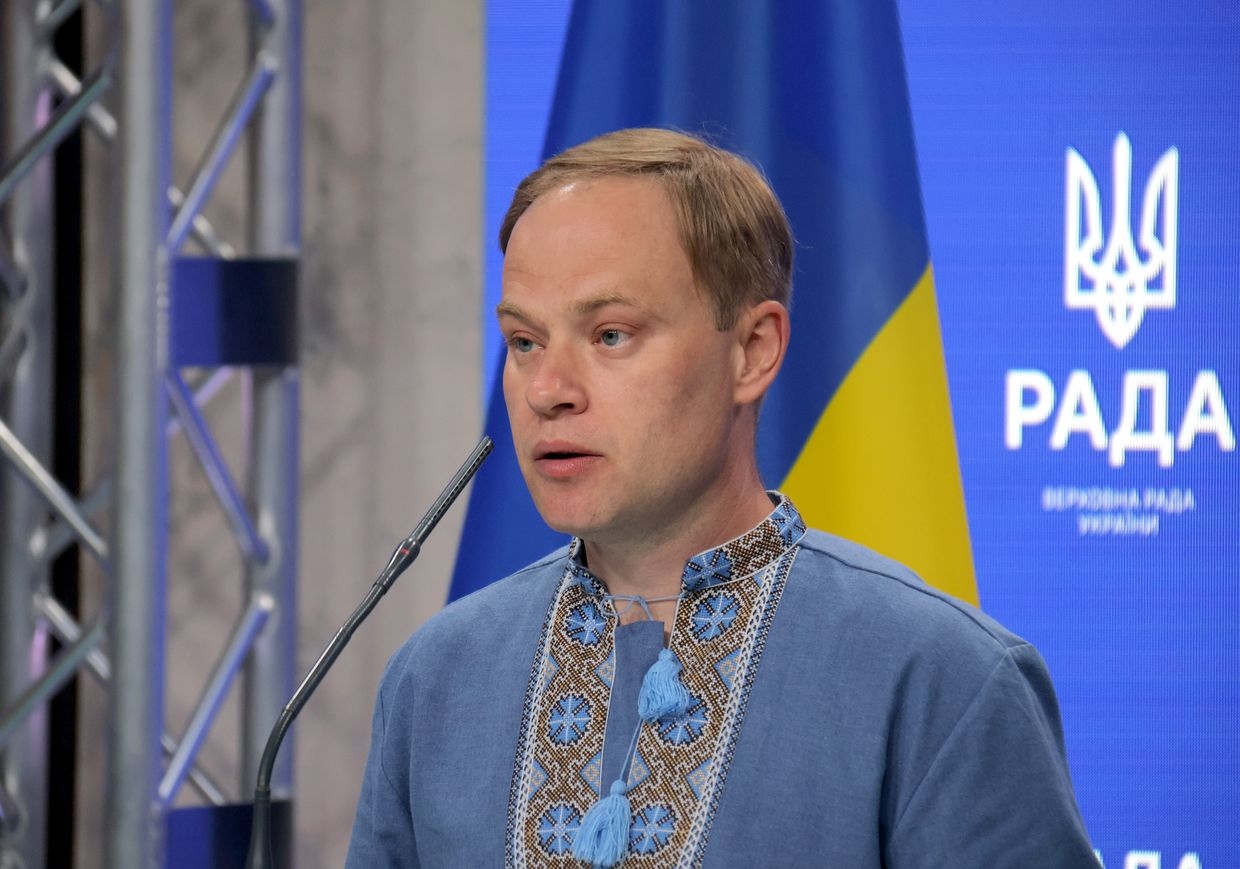Chairman of the Verkhovna Rada Committee on Freedom of Speech Yaroslav Yurchyshyn is seen during a briefing