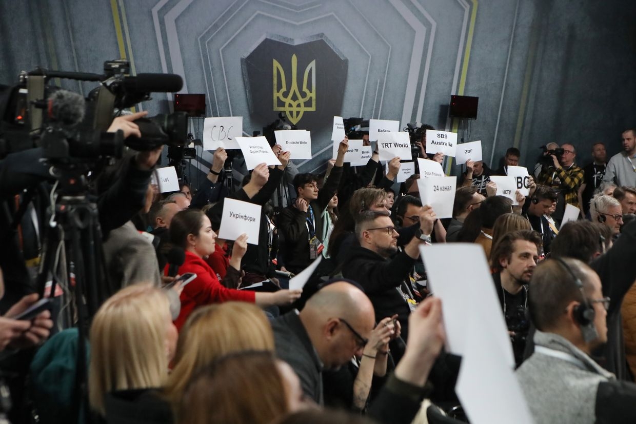 Ukrainian and foreign journalists attend the press conference of President of Ukraine Volodymyr Zelenskyy in Kyiv, Ukraine on Feb. 25, 2024. 