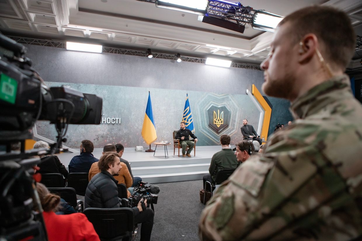 Ukrainian President Volodymyr Zelenskyi speaks to the media during a press conference in Kyiv