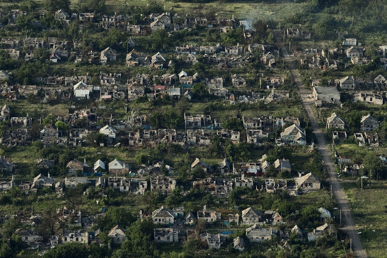 The aerial view shows a ruined and uninhabitable city of Chasiv Yar, Donetsk Oblast, Ukraine, on July 3, 2024.