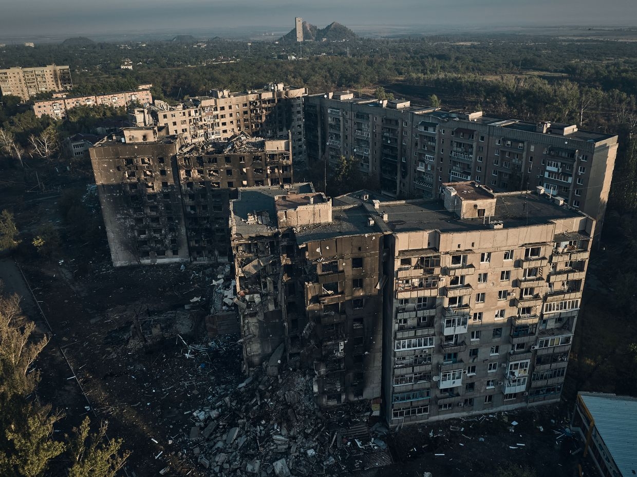 In this aerial drone image, damage to the city and its buildings can be seen after heavy artillery and guided bomb attacks by Russia in Toretsk, Ukraine