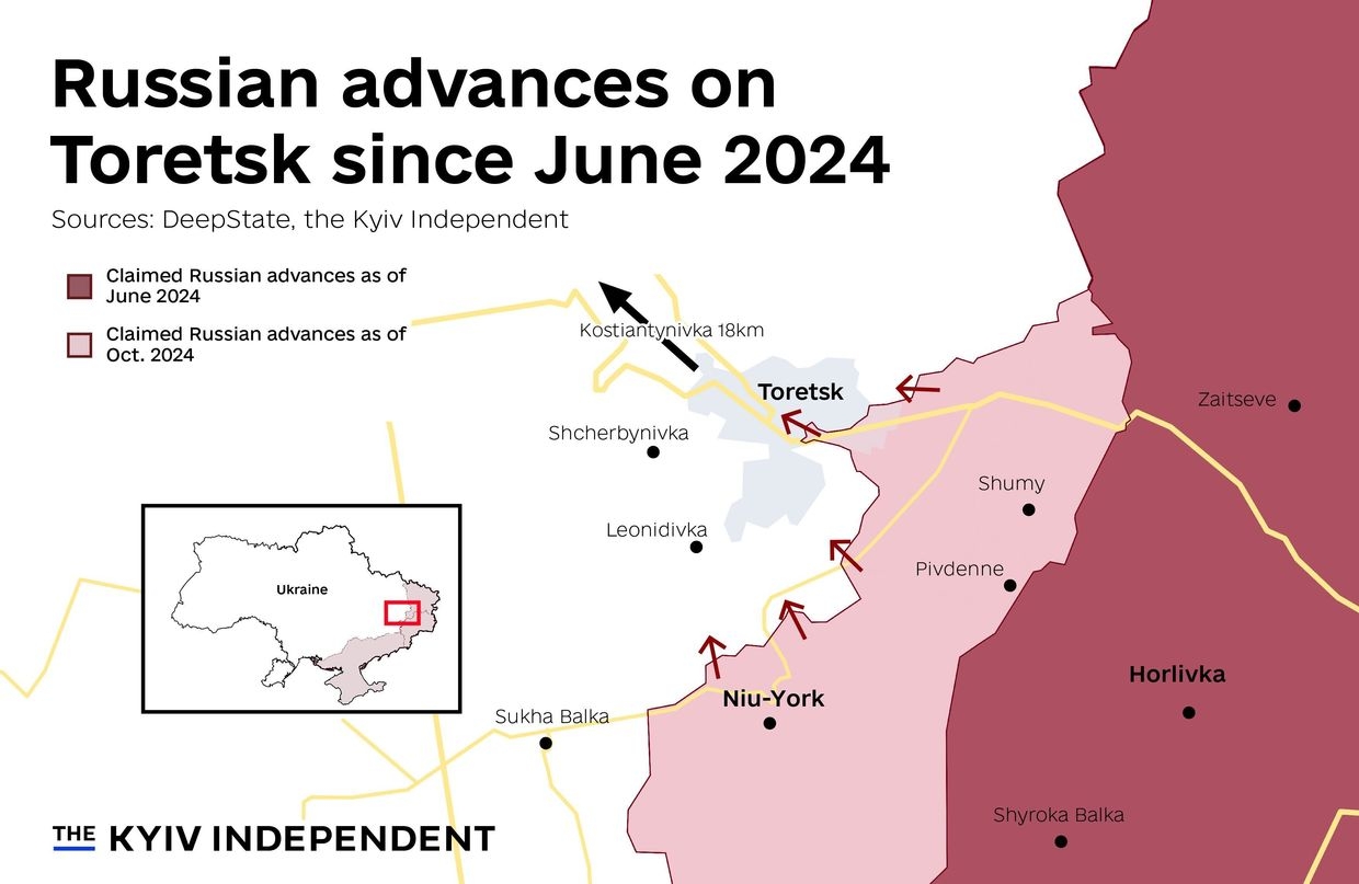 A map capturing the situation unfolding around the town of Toretsk in eastern Donetsk Oblast as of October 2024. 