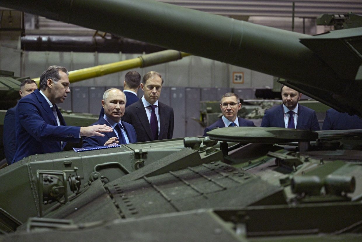 Russian President Vladimir Putin visits Uralvagonzavod, the country’s main tank factory in the Urals, in Nizhny Tagil, Russia, on Feb. 15, 2024. 