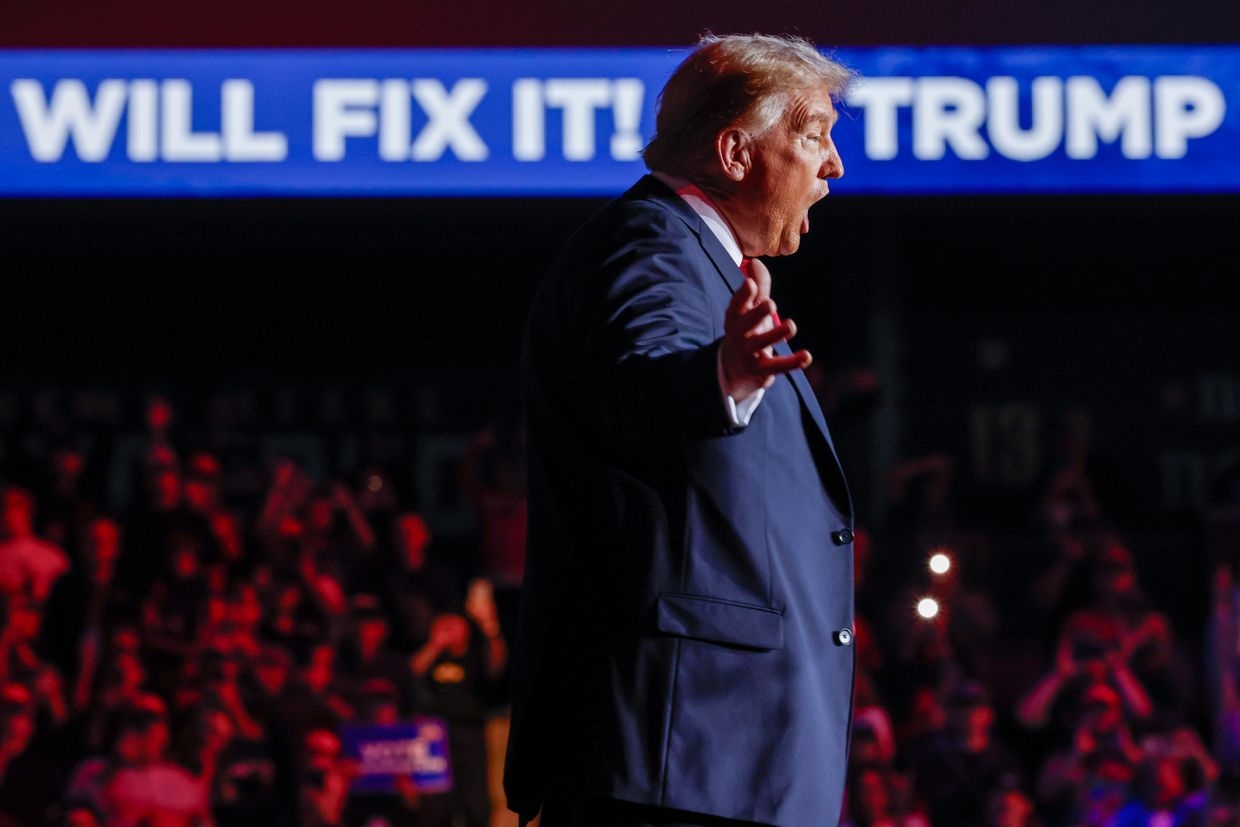 Trump greets supporters during a campaign rally at Lee’s Family Forum  in Henderson, Nevada, US on Oct. 31, 2024.
