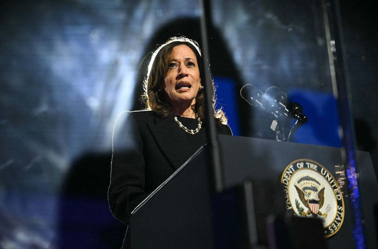 US Vice President Kamala Harris speaks during a campaign rally on Benjamin Franklin Parkway in Philadelphia on Nov. 4, 2024.