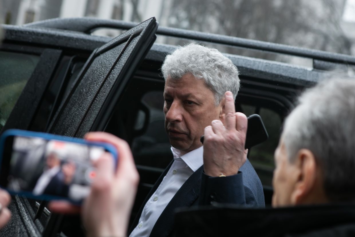 Yuriy Boyko talks to the press after an extraordinary Verkhovna Rada session in Kyiv, Ukraine, on Feb. 24, 2022.