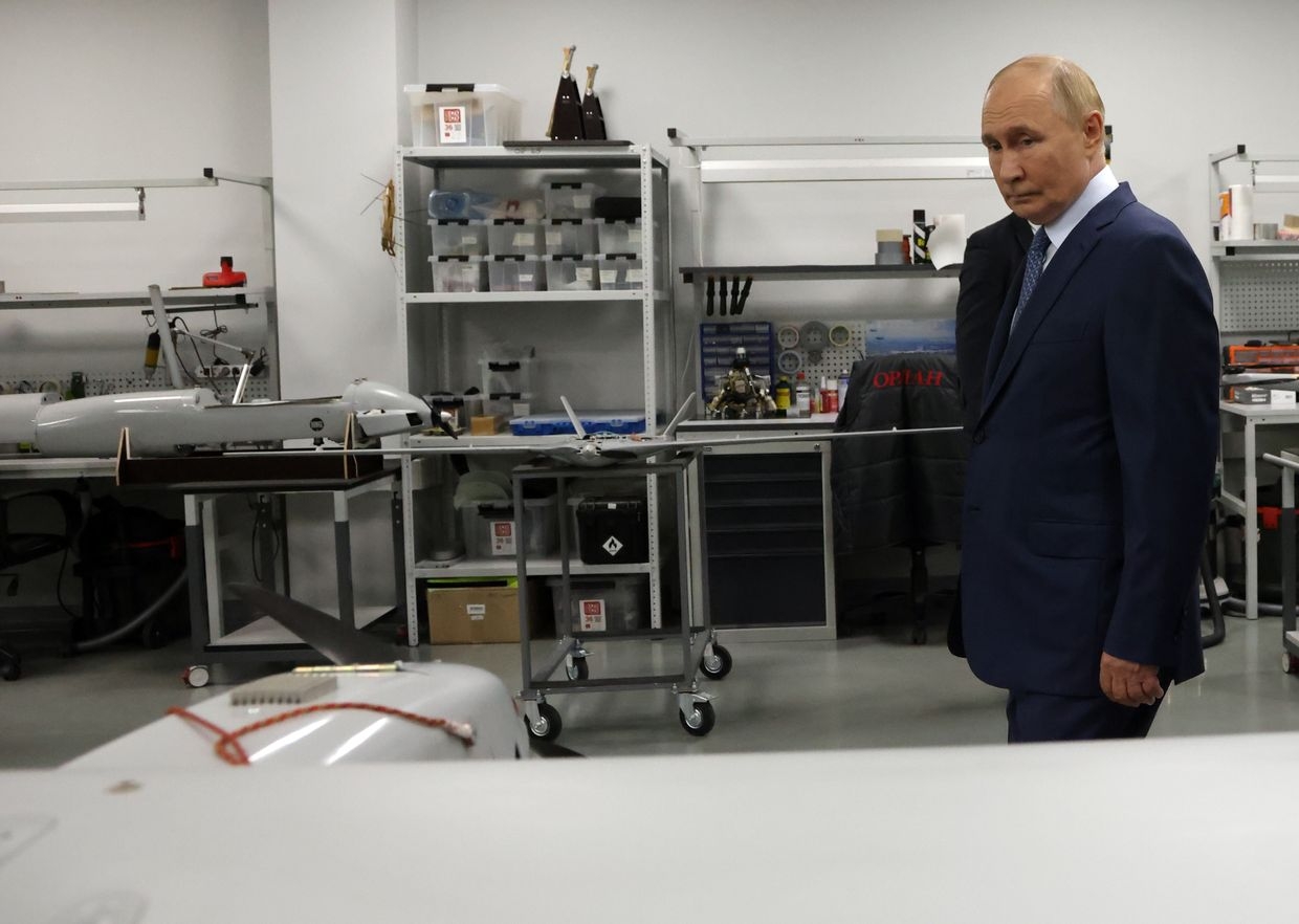 Russian President Vladimir Putin observes Orlan-10 UAV drones at the Special Technology Center in Saint Petersburg, Russia, on Sept. 19, 2024.