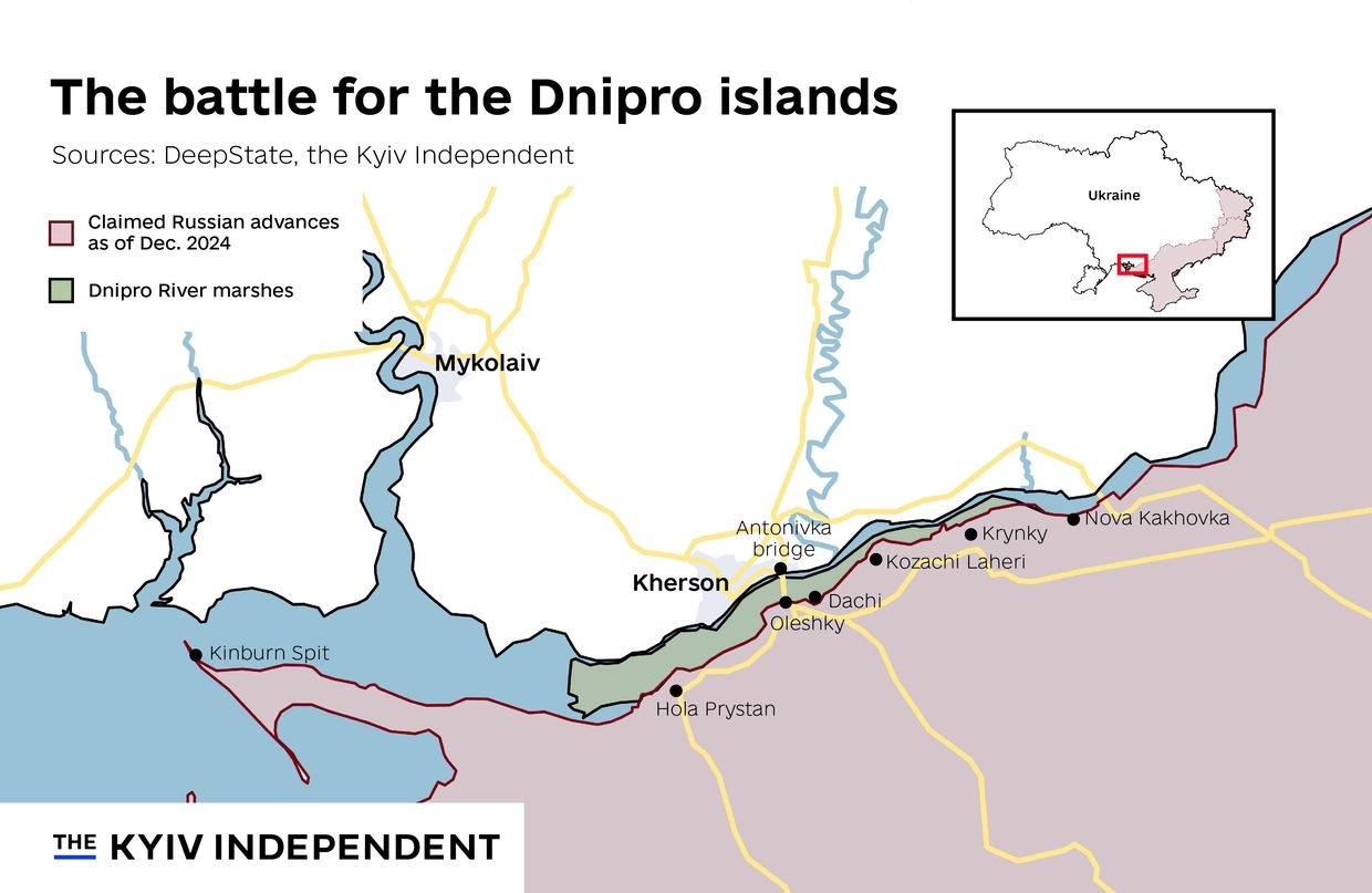 The map showing a battle for the Dnipro islands. 