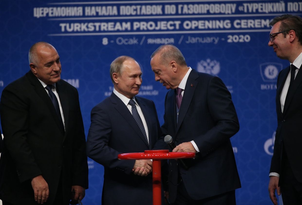 (L-R) Bulgarian PM Borissov, Russian President Putin, Turkish President Erdogan, and Serbian President Vucic at TurkStream, Istanbul, Jan. 8, 2020.