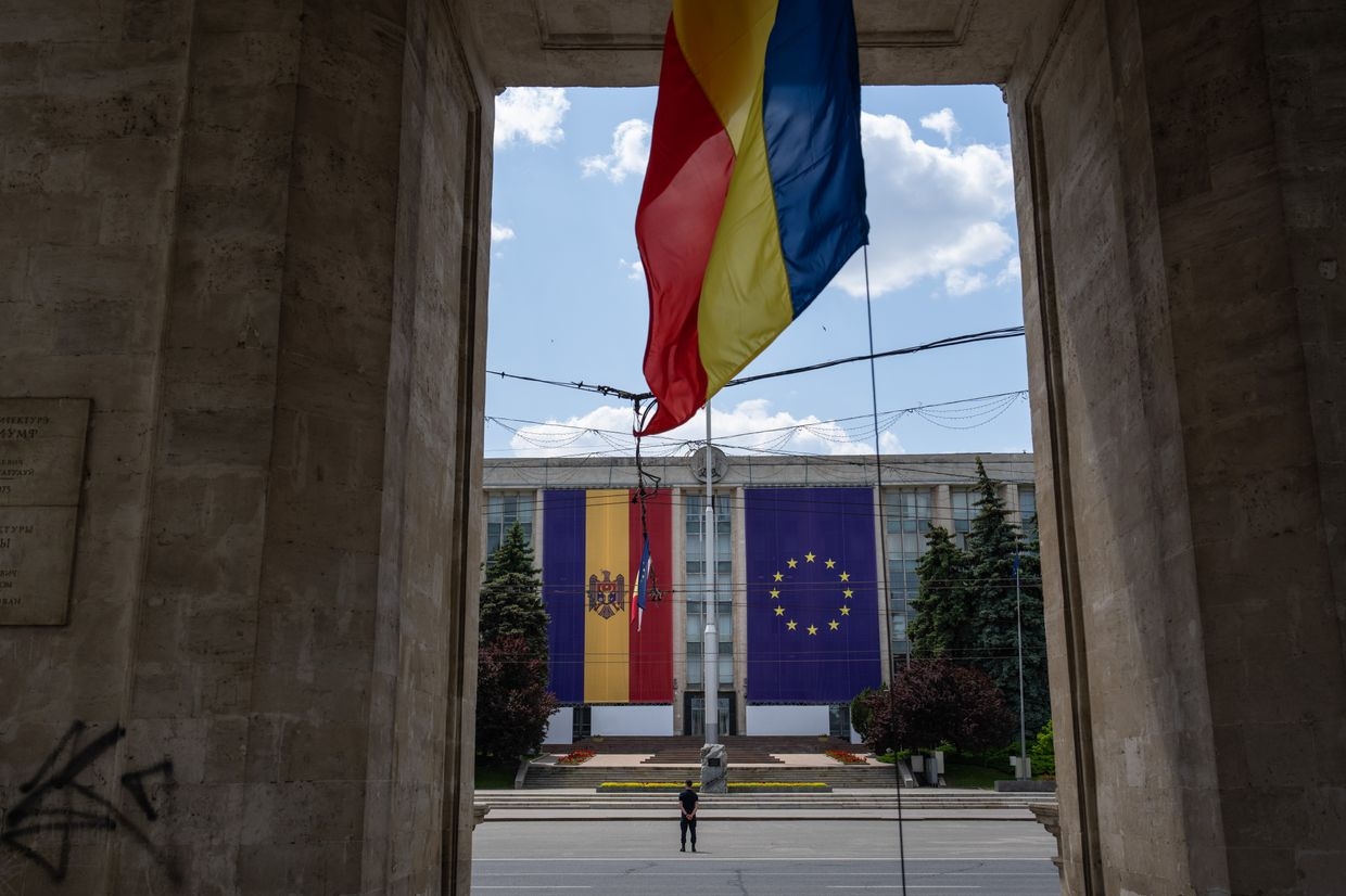 The Moldovan and European Union flags are displayed on the Government House of Moldova in Chișinău, Moldova, on May 31, 2023.
