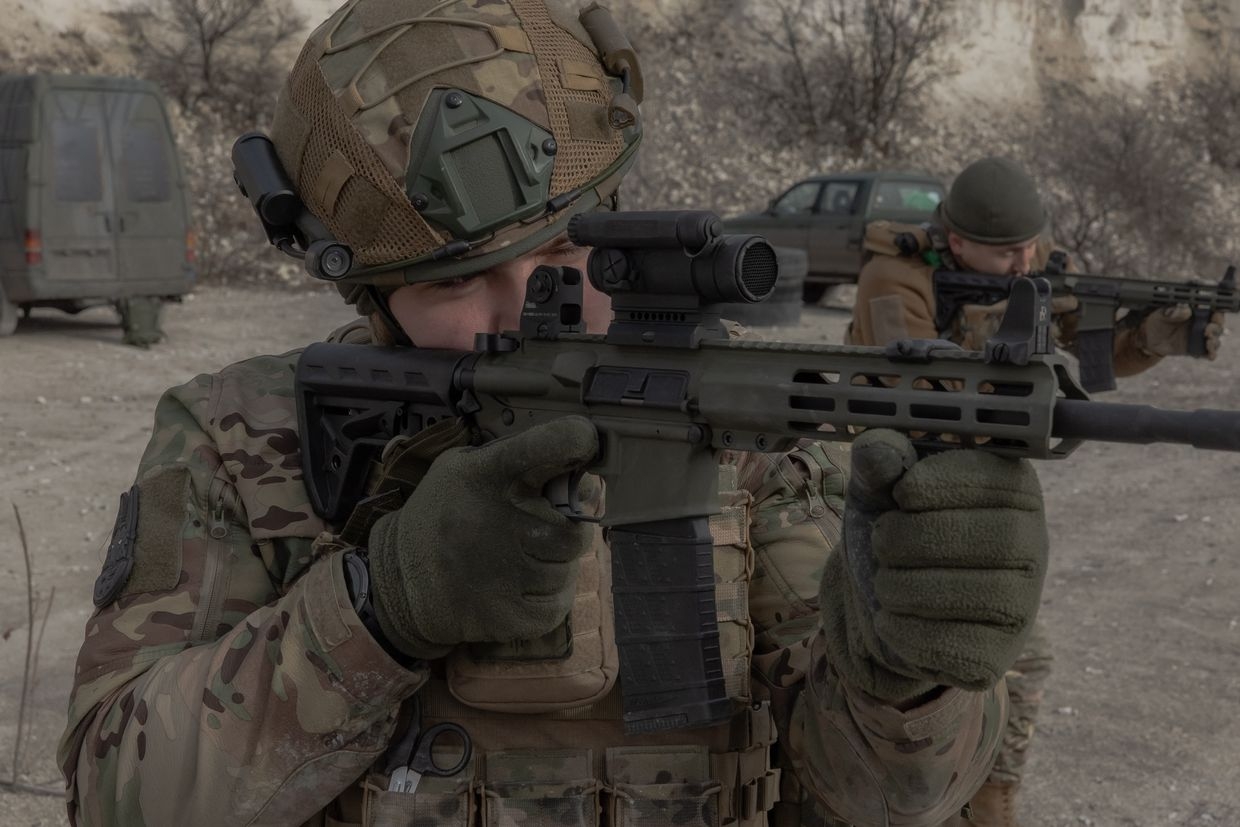 A Ukrainian serviceman of the Azov Brigade aims a weapon during training in Donetsk Oblast, Ukraine, on Feb. 3, 2025.