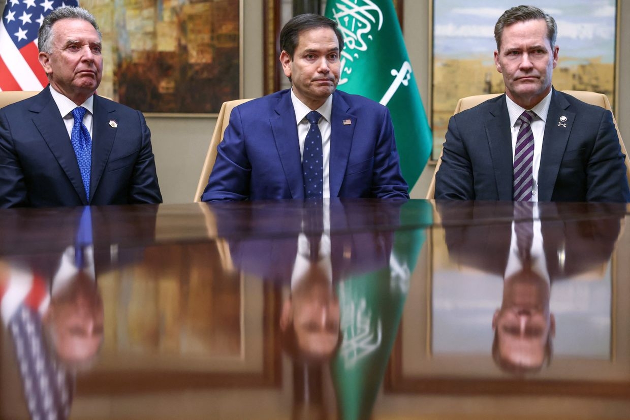 US Sec of State Rubio, NSA Waltz, and envoy Witkoff attend interview after meeting Lavrov, Ushakov at Diriyah Palace, Riyadh, Feb 18, 2025.