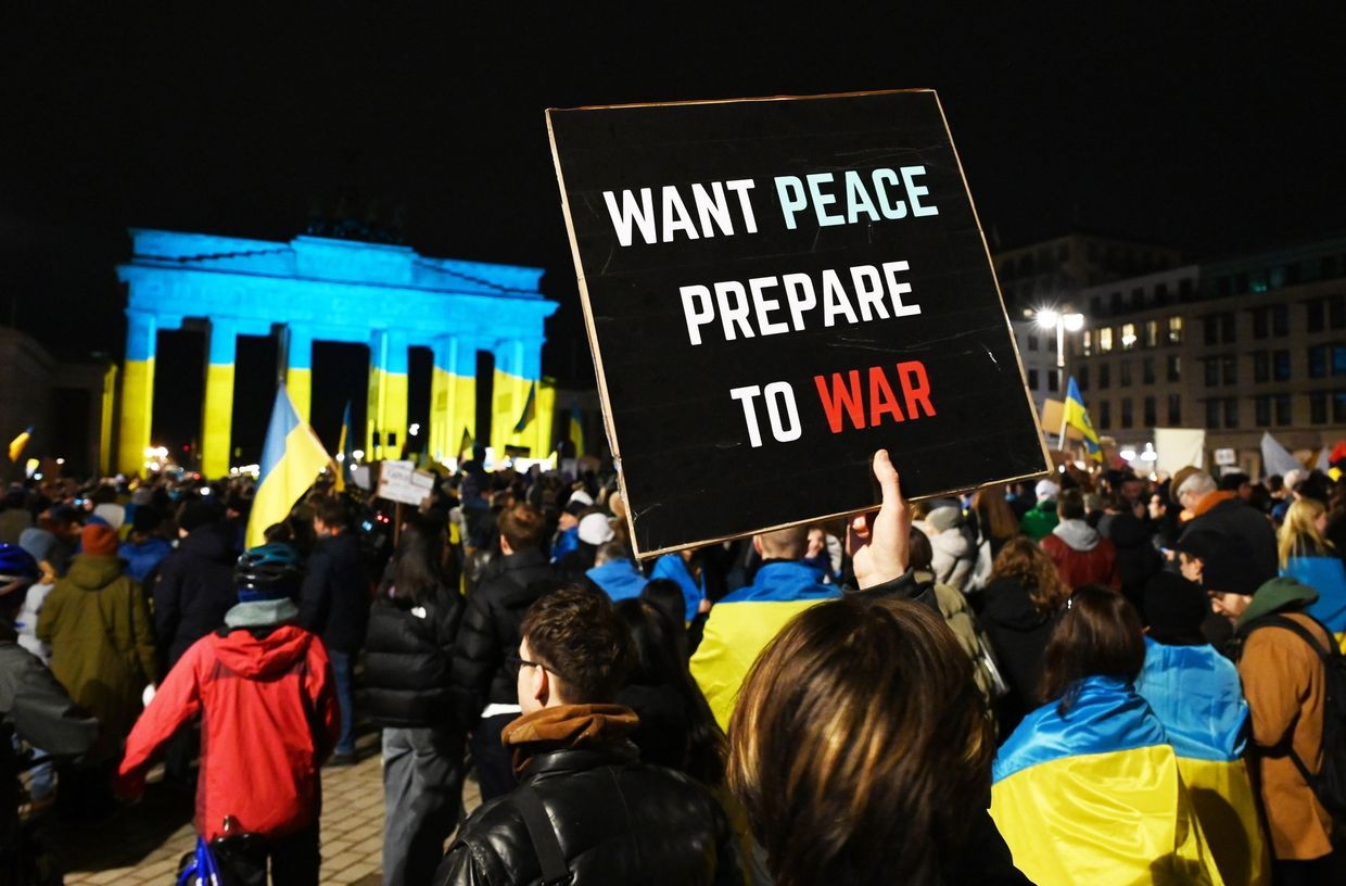 Ukrainians in Germany and their supporters rally in Berlin, Germany, on Feb. 24, 2025, marking three years since Russia's invasion of Ukraine.