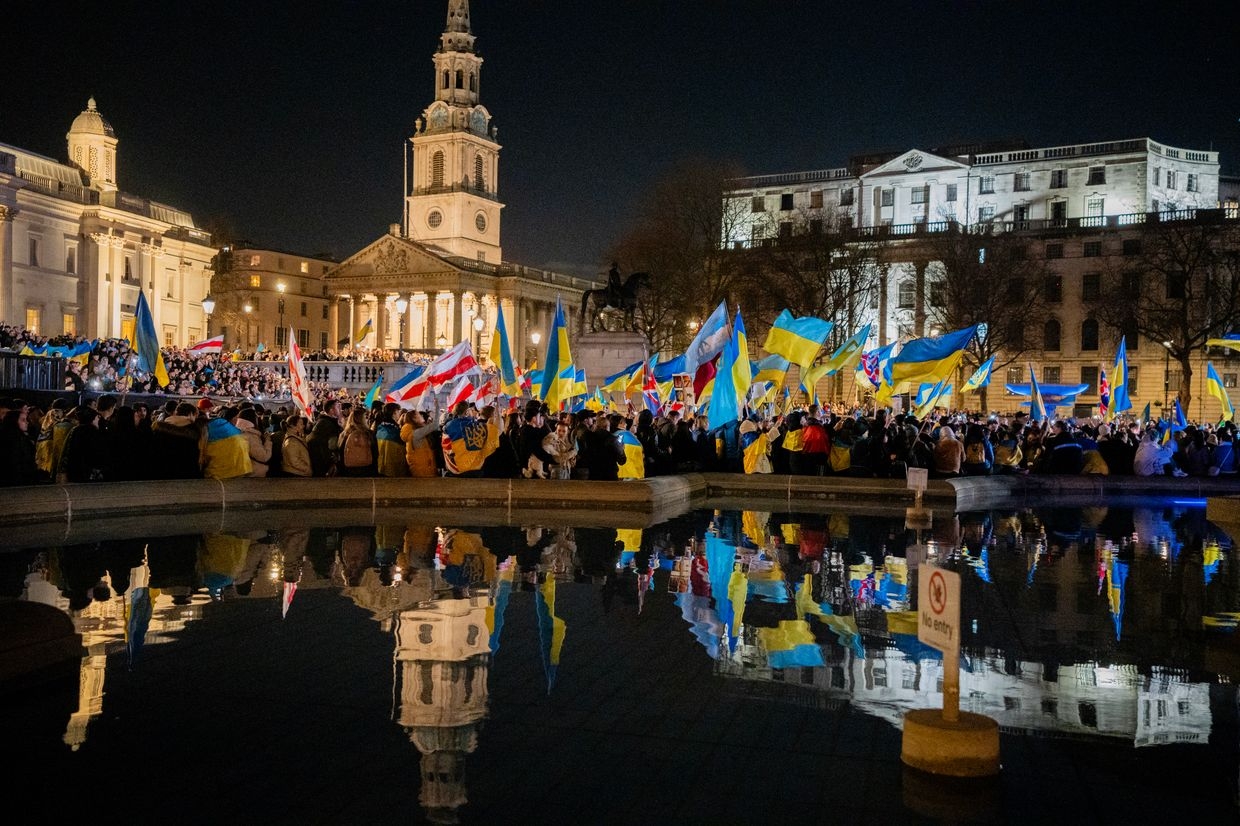 A crowd gathers in Trafalgar Square, London, England on Feb. 24, 2025, for speeches and a rock concert marking three years since Russia's invasion of Ukraine. 