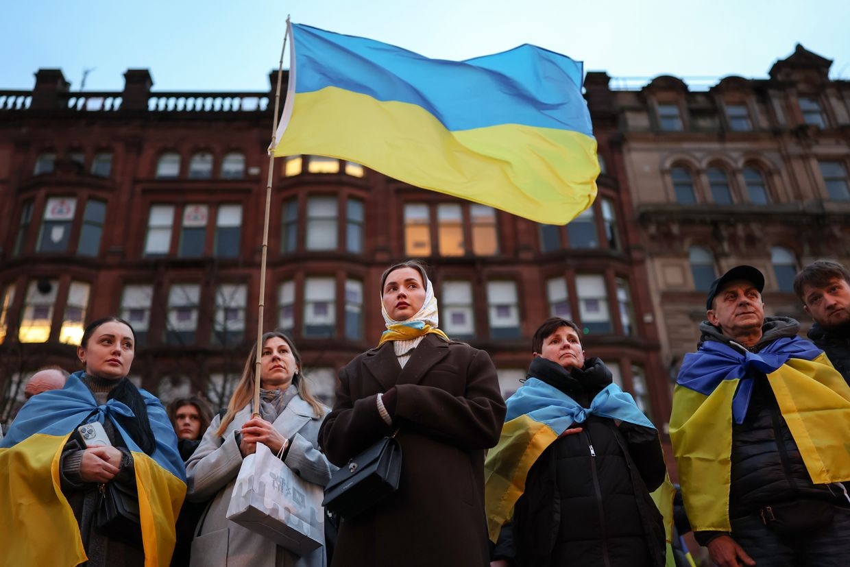 Protesters rally in Glasgow, Scotland, on Feb. 24, 2025, marking three years since Russia's full-scale invasion of Ukraine. 