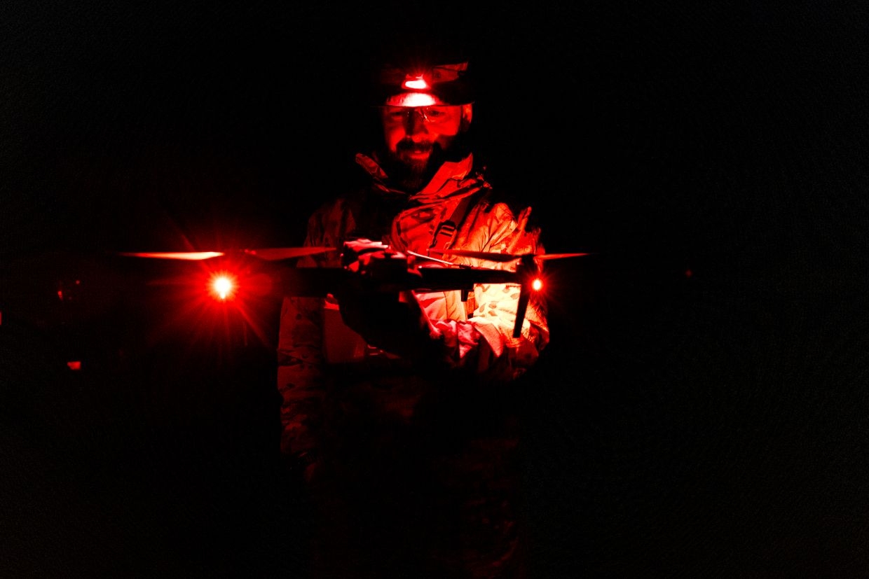 Ukrainian soldiers train to fly drones at night using thermal vision in Lviv Oblast, Ukraine, on May 11, 2023. 