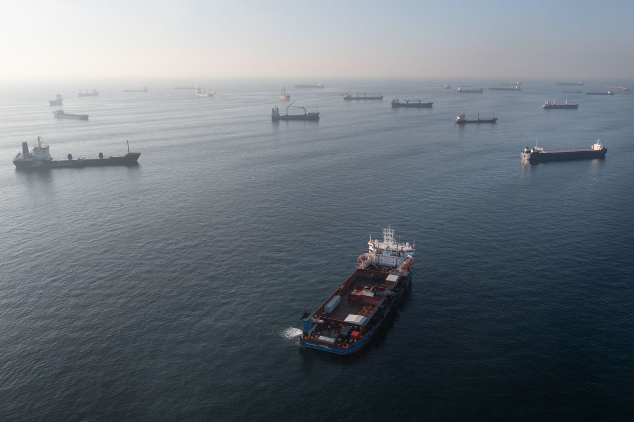 Ships, including those carrying grain from Ukraine and awaiting inspections, are seen anchored off the Istanbul coastline in Istanbul, Turkey, on Nov. 2, 2022. 