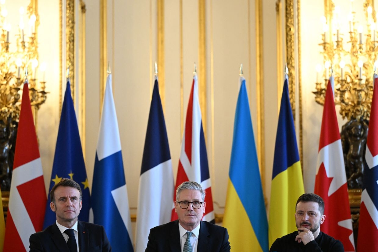 French President Macron, British PM Starmer, and Ukrainian President Zelenskyy at Lancaster House, London, on March 2, 2025.