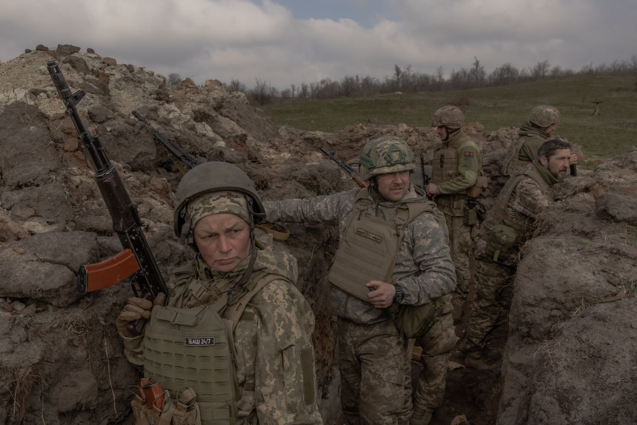 Combat medic Natalia, 51, trains with the 24th Brigade in eastern Ukraine on March 18, 2025.