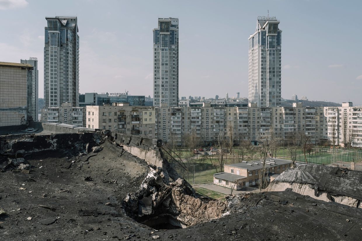 The impact site on the roof of a residential high-rise following a Russian drone strike in Kyiv, Ukraine, on March 23, 2025. 