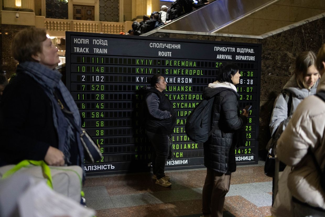 A destination board in the train station's main hall lists routes Ukrzaliznytsia hopes to relaunch in Kyiv, Ukraine on March 26, 2025.