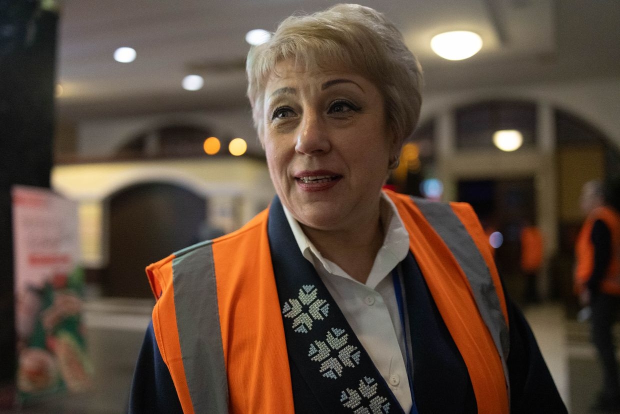 Svitlana Timukh, administrator at Ukrzaliznytsia's information bureau at the railway station in Kyiv, Ukraine, on March 26, 2025. 