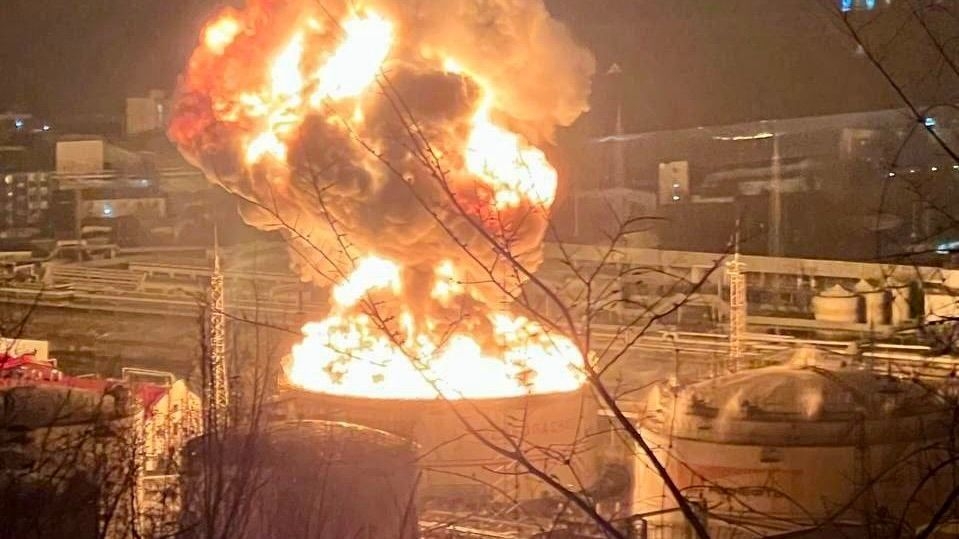 A purported image of a fire burning at the Tuapse oil refinery in Krasnodar Krai, Russia following a reported attack by Kyiv on March 14, 2025.