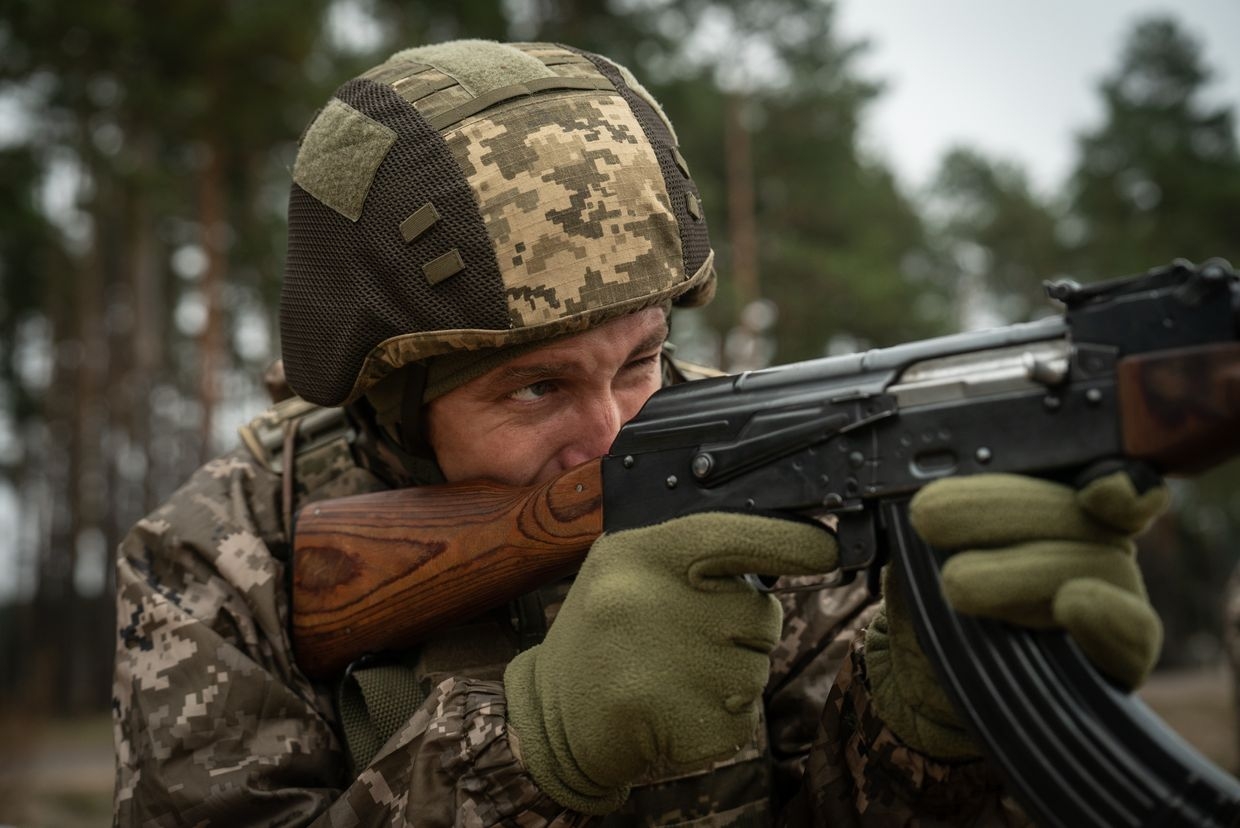 A member of the 24th Mechanized Brigade of the Ukrainian military takes part in a field training exercise in an undisclosed location in eastern Ukraine on March 18, 2025.