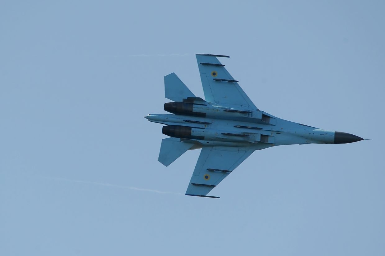 Flanker Sukhoi Su-27 Ukrainian fighter jet seen during the international military exercises "Rapid Trident - 2021" in Lviv Oblast, Ukraine, on Sept. 28, 2021. 