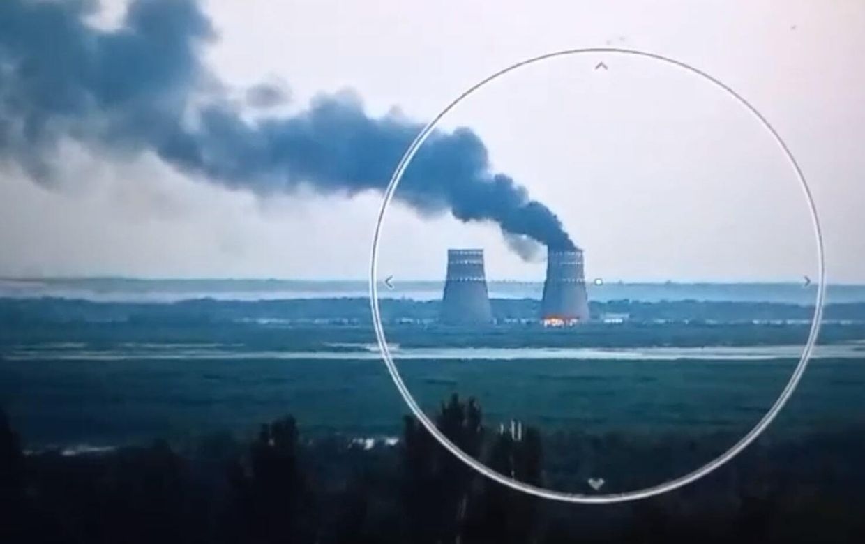 A screen grab from a video released by Ukrainian President Volodymyr Zelenskyy shows a fire at the Zaporizhzhia nuclear power plant in Zaporizhzhia, Ukraine, on Aug. 11, 2024.