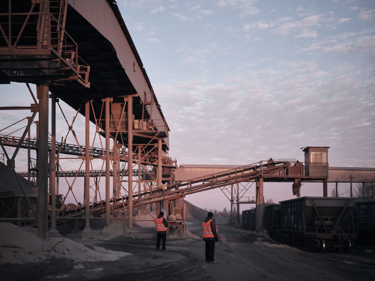 A view of two workers on the granite mine on Feb. 26, 2025, in Zhytomyr Oblast, Ukraine.