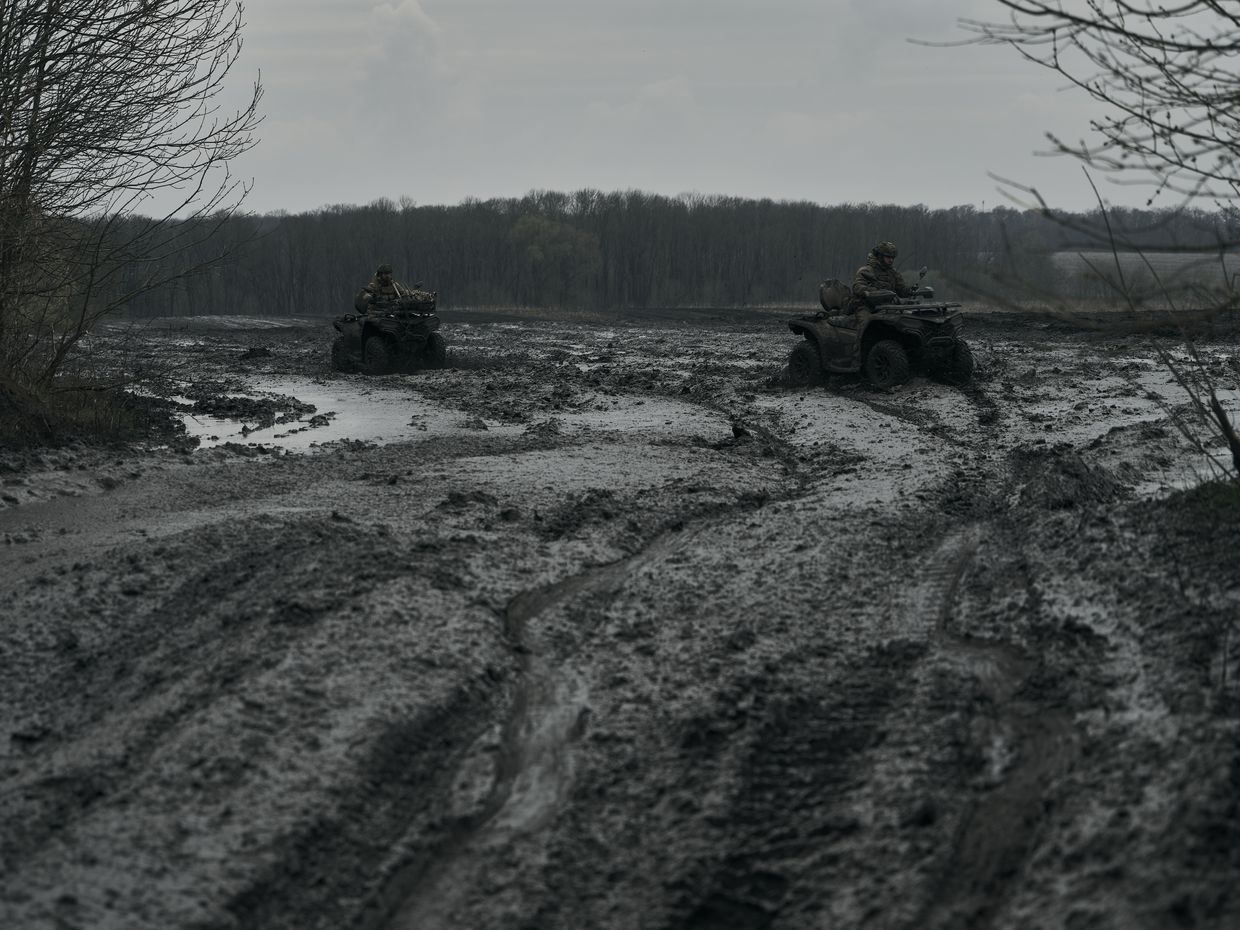 The road to military positions, unusable for vehicles after rain, is seen in Sumy Region, Ukraine, on April 4, 2025.