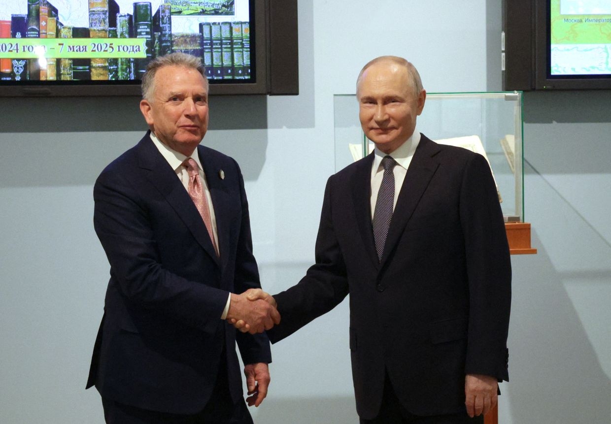 Russia’s President Vladimir Putin shakes hands with U.S. envoy Steve Witkoff in St. Petersburg, Russia, on April 11, 2025. 