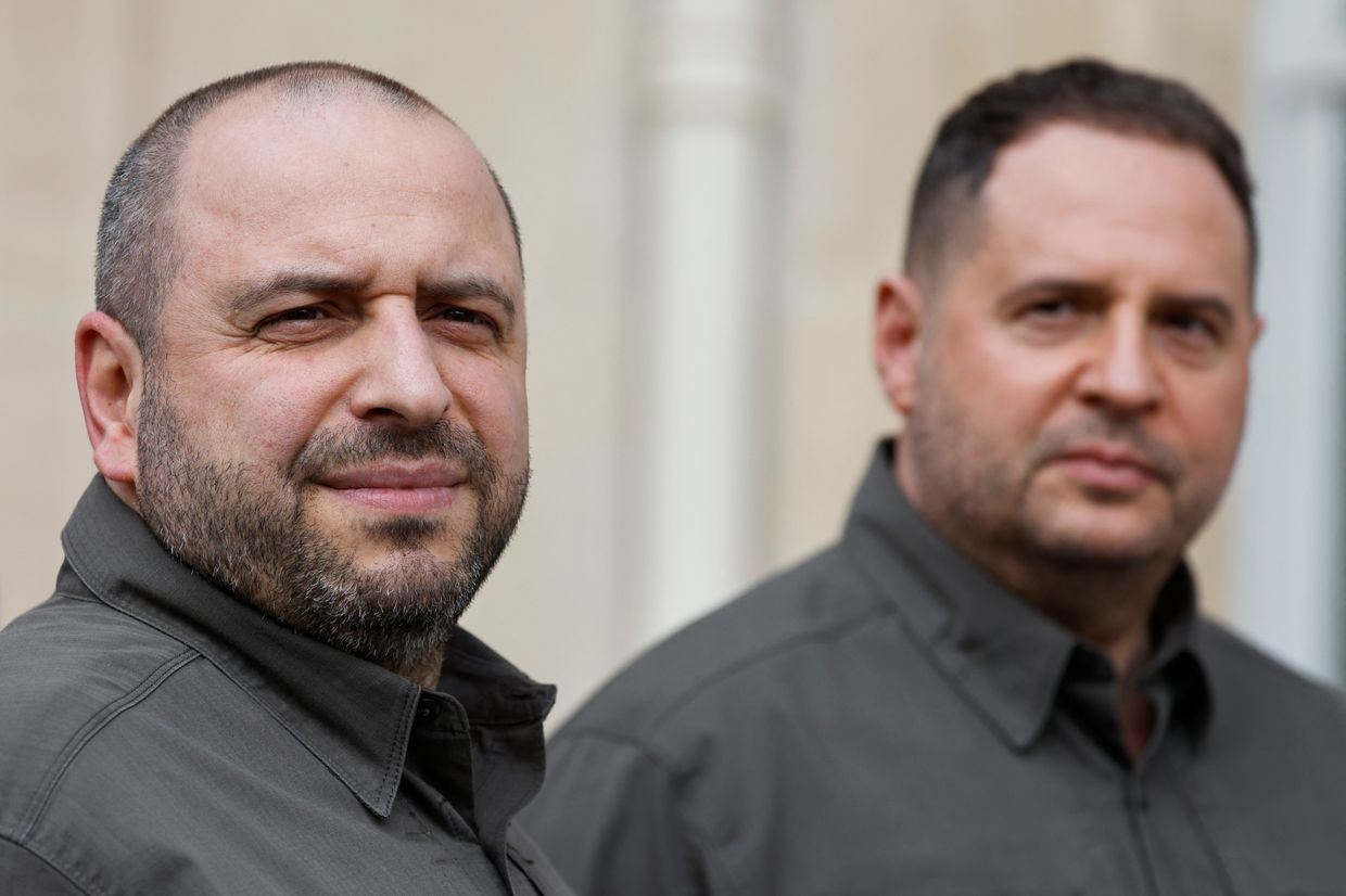 Defense Minister Rustem Umerov (L) and Head of the Presidential Office Andriy Yermak (R) in Paris, France, on Oct. 10, 2024. 
