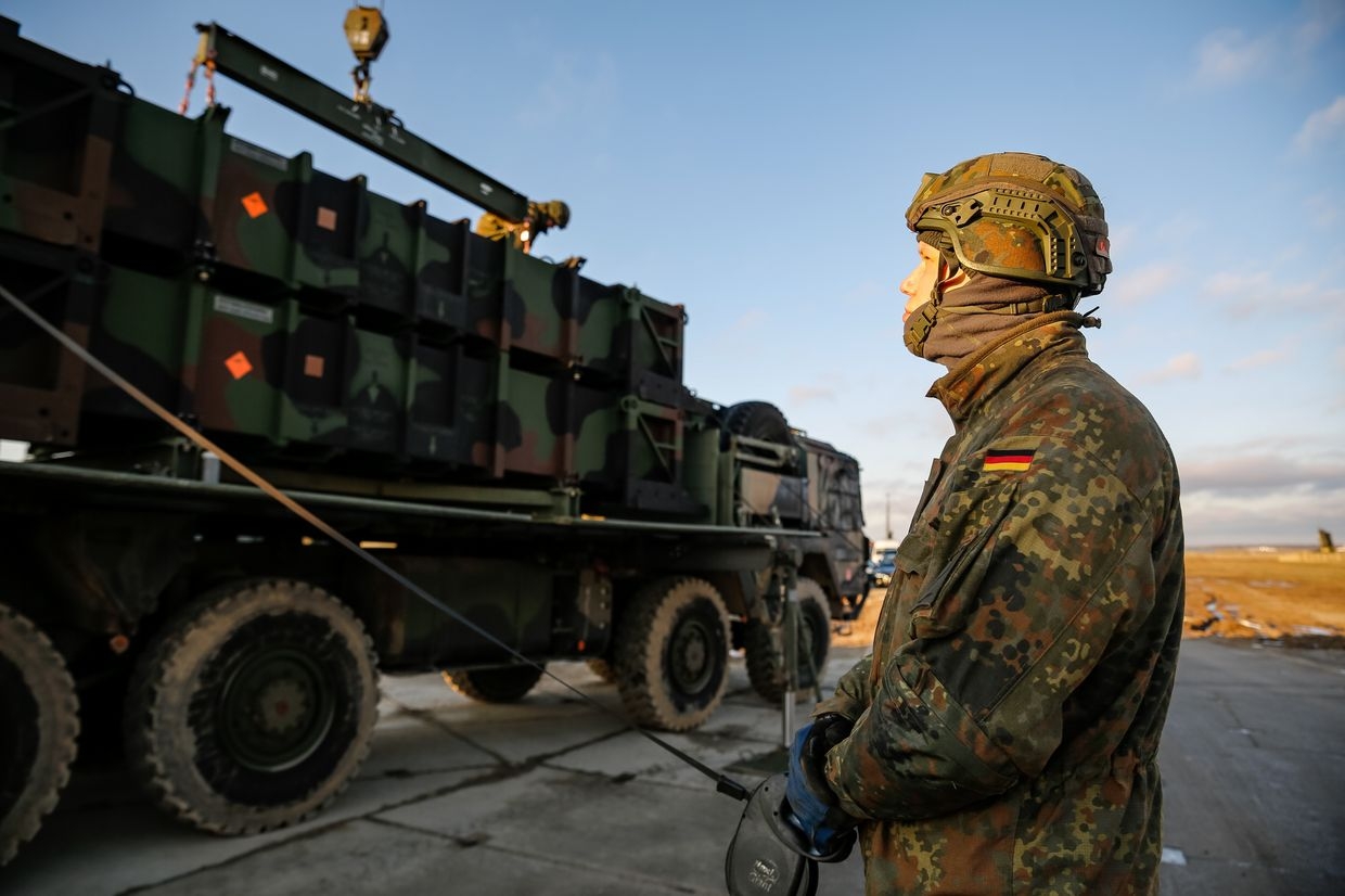 German servicemen transport MIM-104 Patriot air defense systems during Defense Minister Boris Pistorius’s visit to the German military compound in Jasionka, Poland, on Jan. 23, 2025.