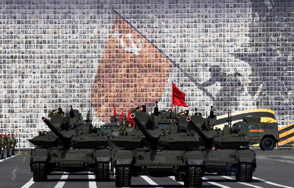 Russian T-90M tanks drive across Dvortsovaya Square during a rehearsal for the May 9th parade in St. Petersburg, Russia, on May 3, 2025.