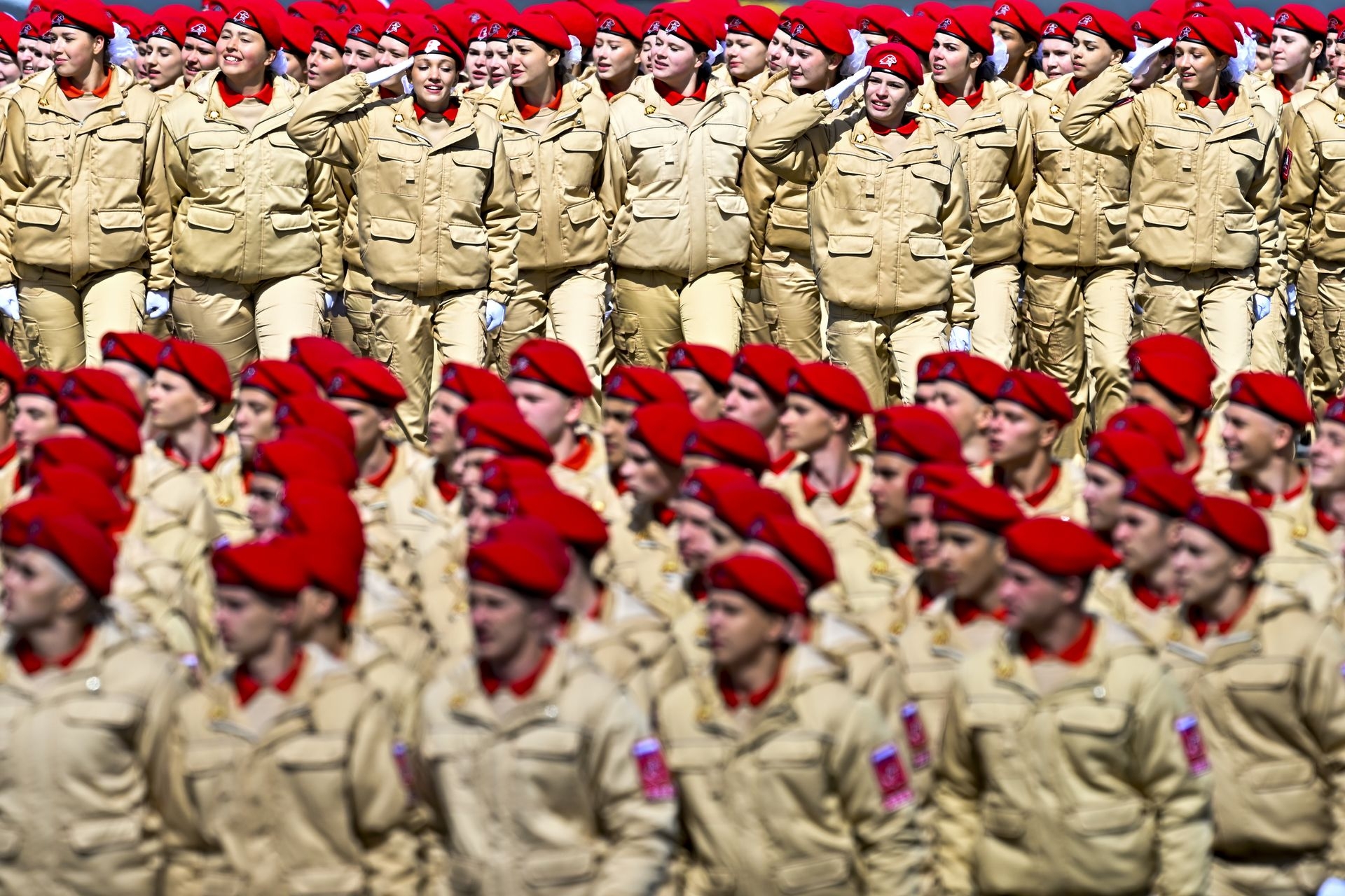 Russian troops march toward Red Square during the 80th anniversary celebrations of Victory Day in Moscow, Russia, on May 9, 2025.