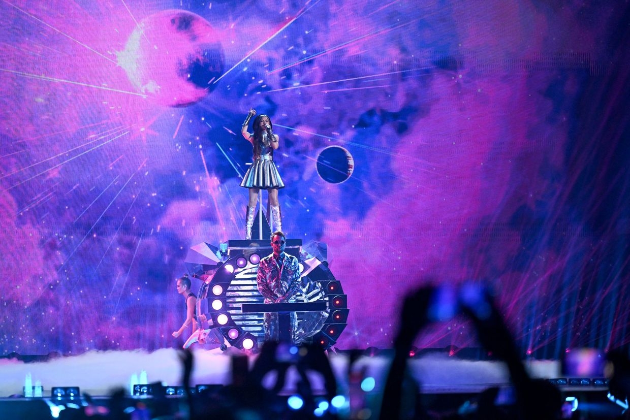 Norwegian singer Emmy, representing Ireland with the song “Laika Party,” performs during the rehearsal for the semi-final of the Eurovision Song Contest 2025 in Basel, Switzerland, on May 14, 2025.