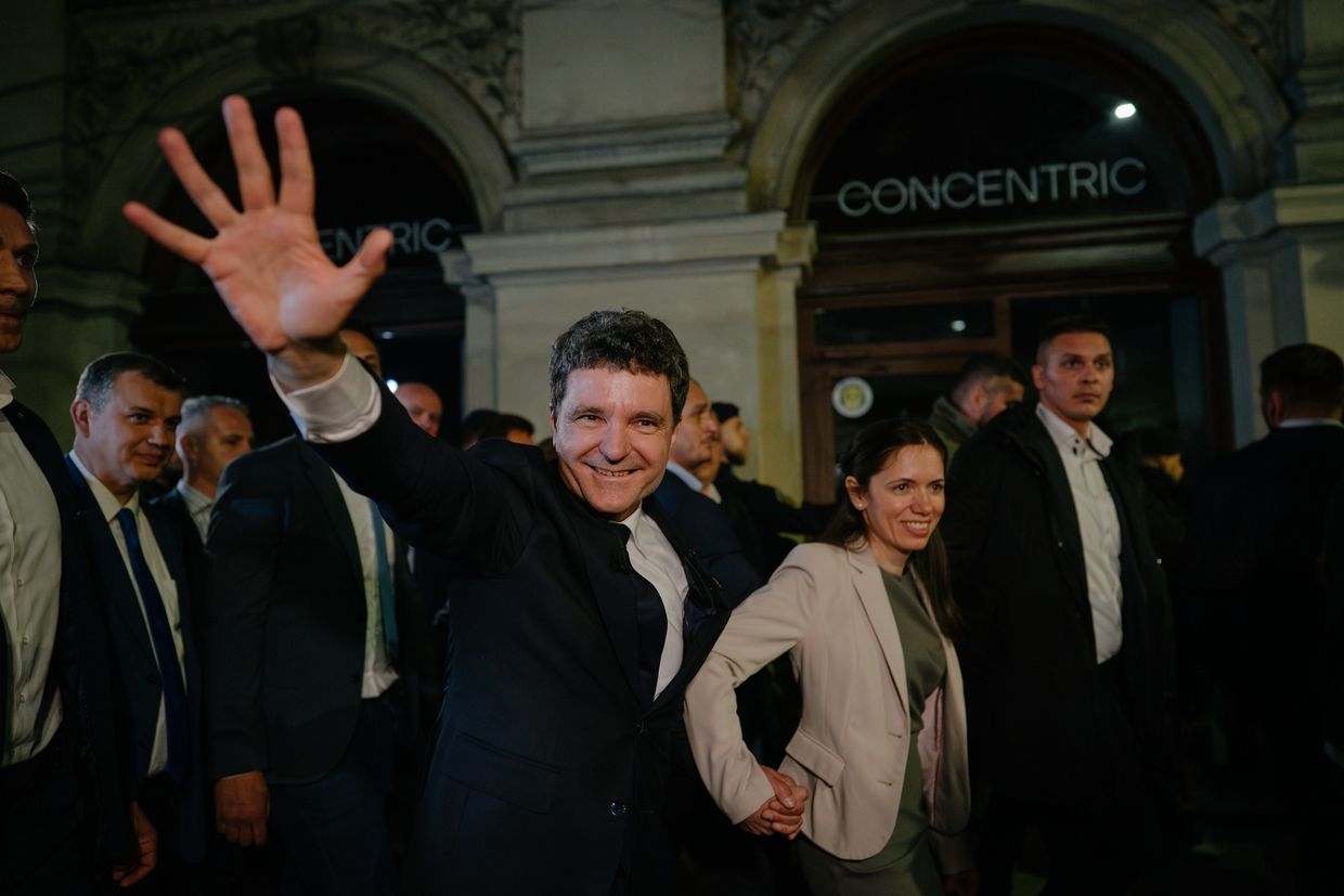  Now-president Nicusor Dan after the first exit poll results on the day of the presidential election in Bucharest, Romania, on May 19, 2025.