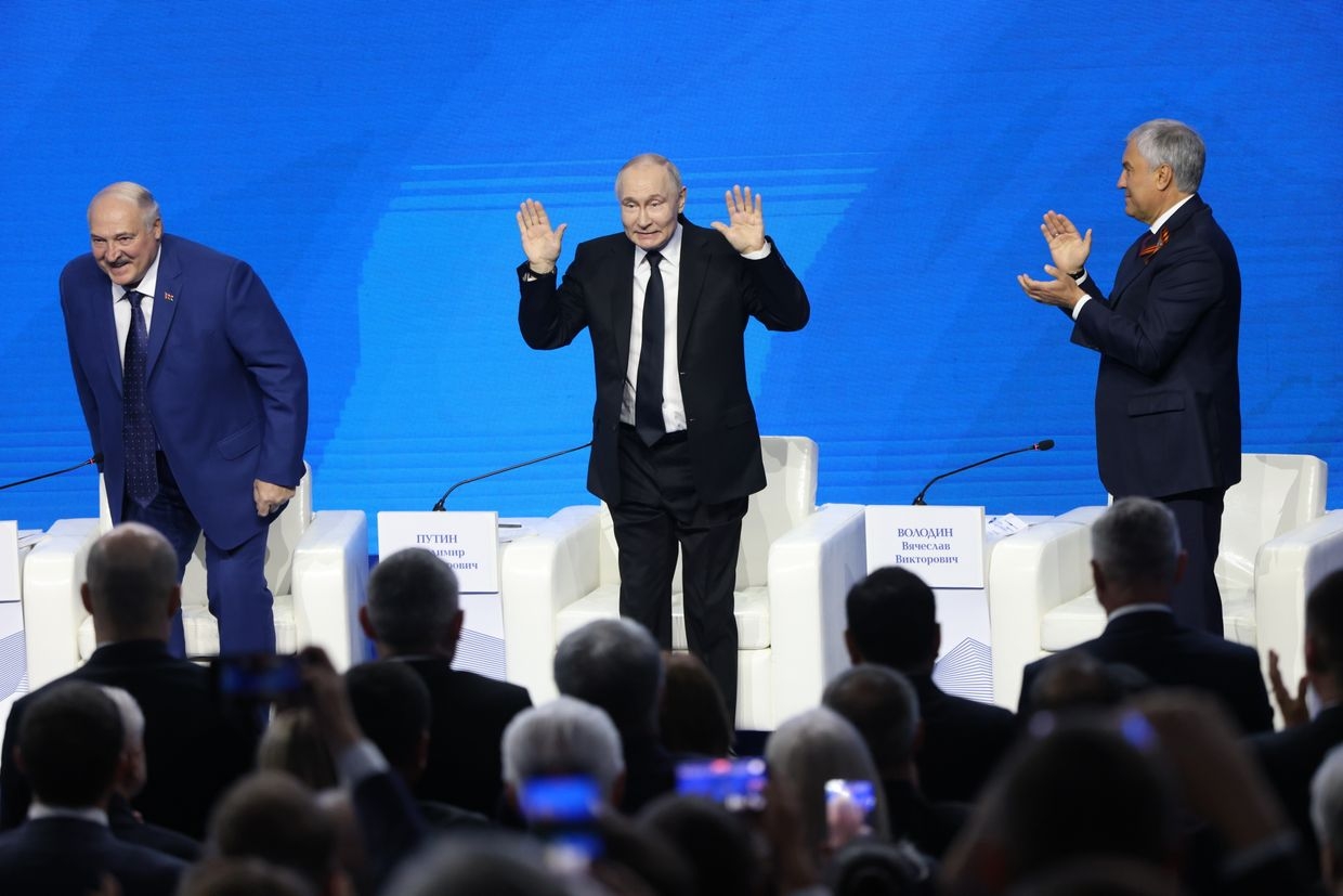 Russian President Vladimir Putin (C), Belarusian President Alexander Lukashenko (L), and State Duma Chairman Vyacheslav Volodin (R) attend the Great Heritage – Common Future Forum in Volgograd, Russia, on April 29, 2025.