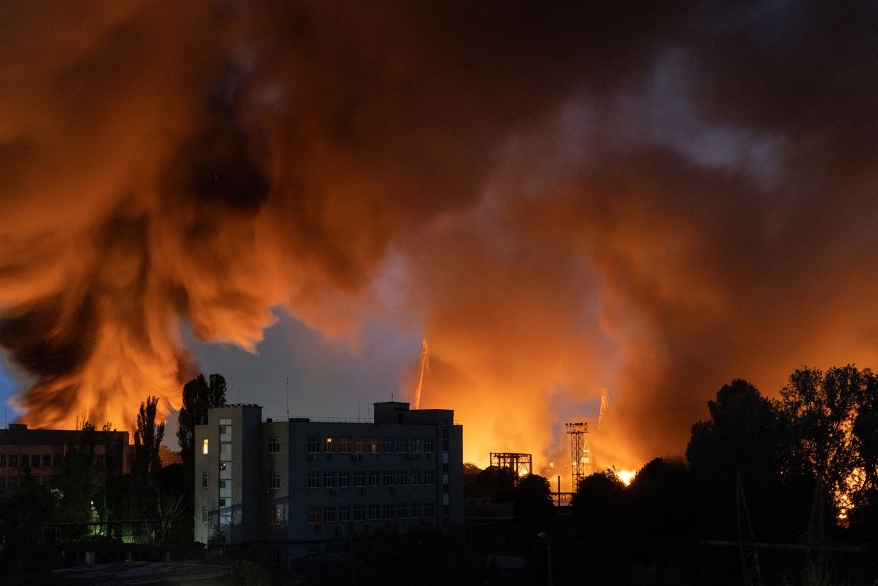 Fire and smoke rise after Russian drone strikes in Kyiv, Ukraine, on June 10, 2025. 