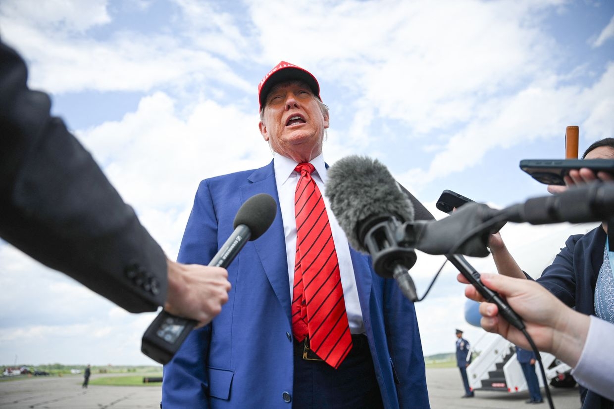 U.S. President Donald Trump speaks to the press upon arrival at Morristown Municipal Airport in Morristown, New Jersey, U.S. on June 20, 2025.