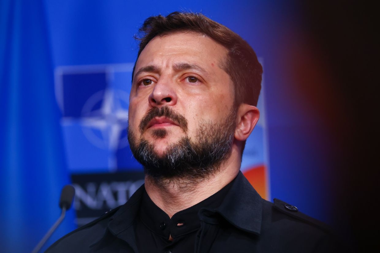President Volodymyr Zelenskyy attends a meeting between NATO, the European Union, and Ukraine in The Hague, Netherlands, on June 24, 2025. 
