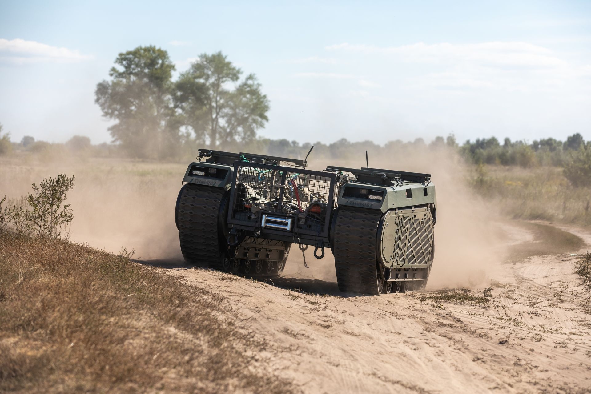 A THeMIS multi-purpose tracked unmanned ground vehicle during field tests in Kyiv, Ukraine, on Sept. 8, 2022.