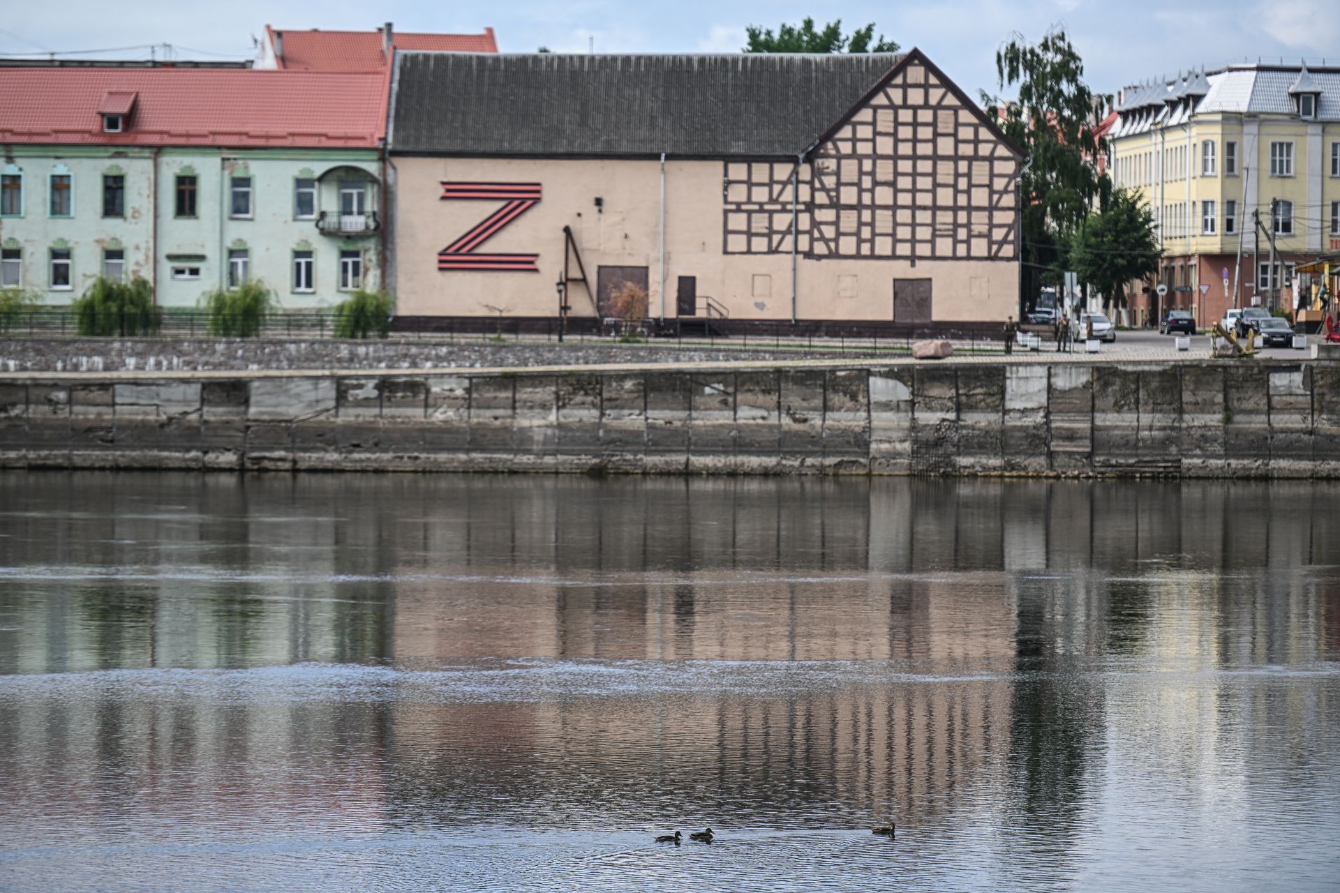 A giant letter Z, symbolizing support for Russia’s war on Ukraine, is seen from Pagegiai, Lithuania, separated by the river from the Kaliningrad Oblast, on July 10, 2023.