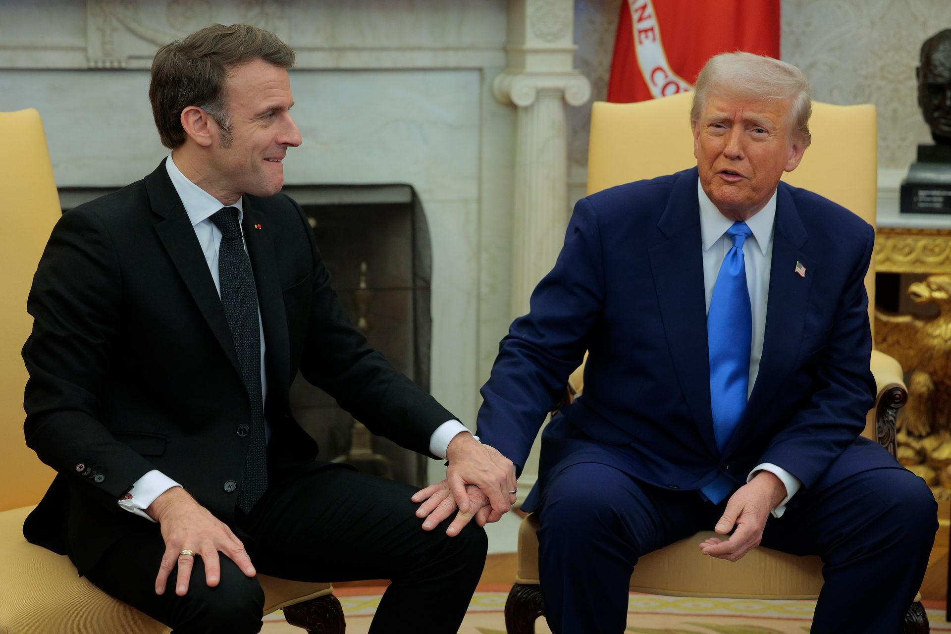 U.S. President Donald Trump (R) and French President Emmanuel Macron (L) at the White House in Washington, D.C., U.S. on Feb. 24, 2025.